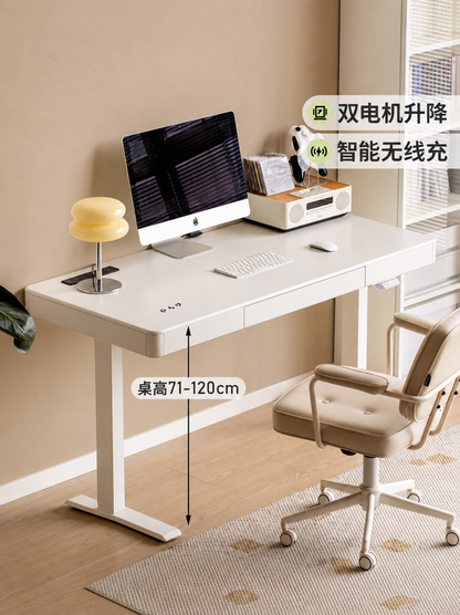 实木智能电动升降桌工作台写字桌多功能办公桌白色书桌
