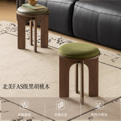 实木圆凳法式复古软包凳黑胡桃木餐厅待客备用凳子