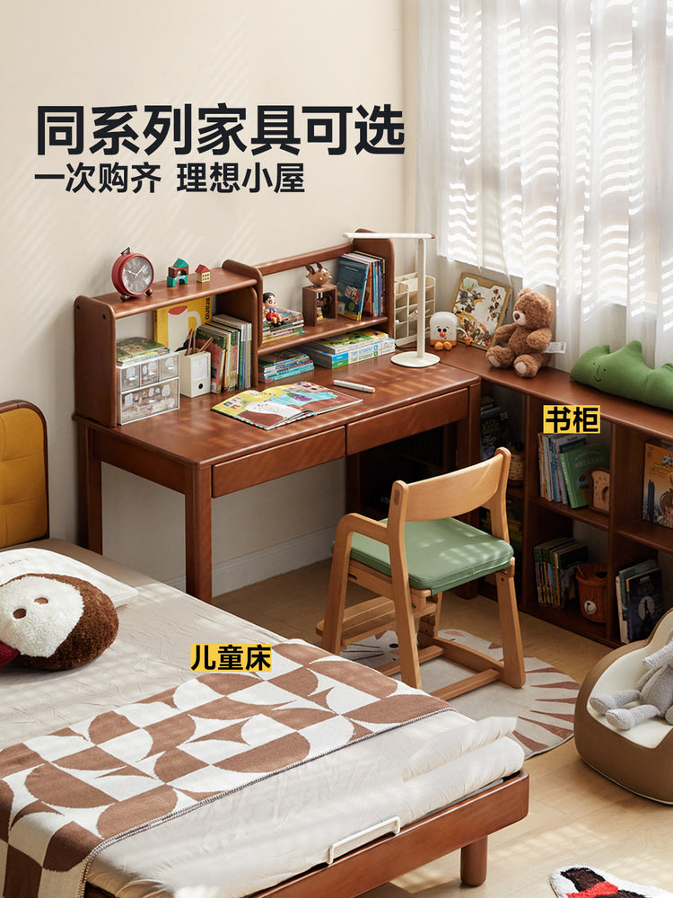 实木儿童学习桌书桌书架一体小学生书房复古写字桌