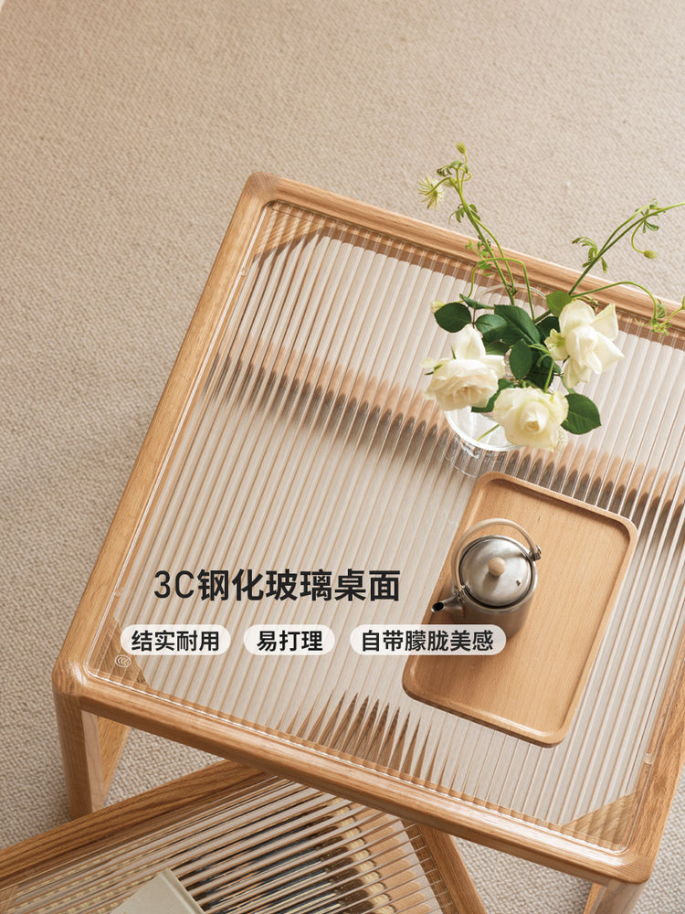 实木玻璃茶几设计师款原木方几小户型大小组合藤编小茶台