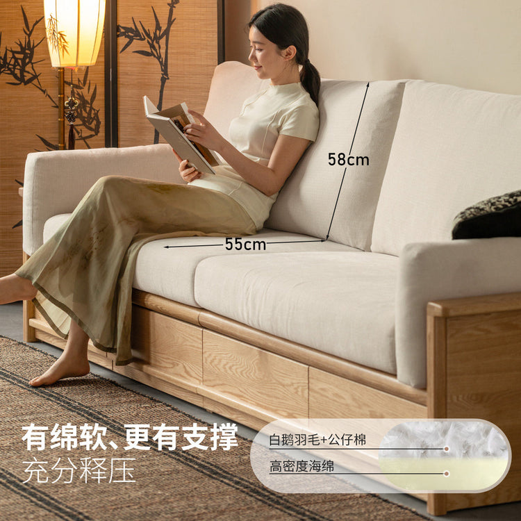 实木客厅现代简约冬夏两用布艺沙发橡木储物沙发