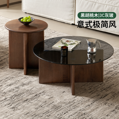 实木茶几现代简约黑胡桃木组合小茶桌客厅小户型圆形茶台