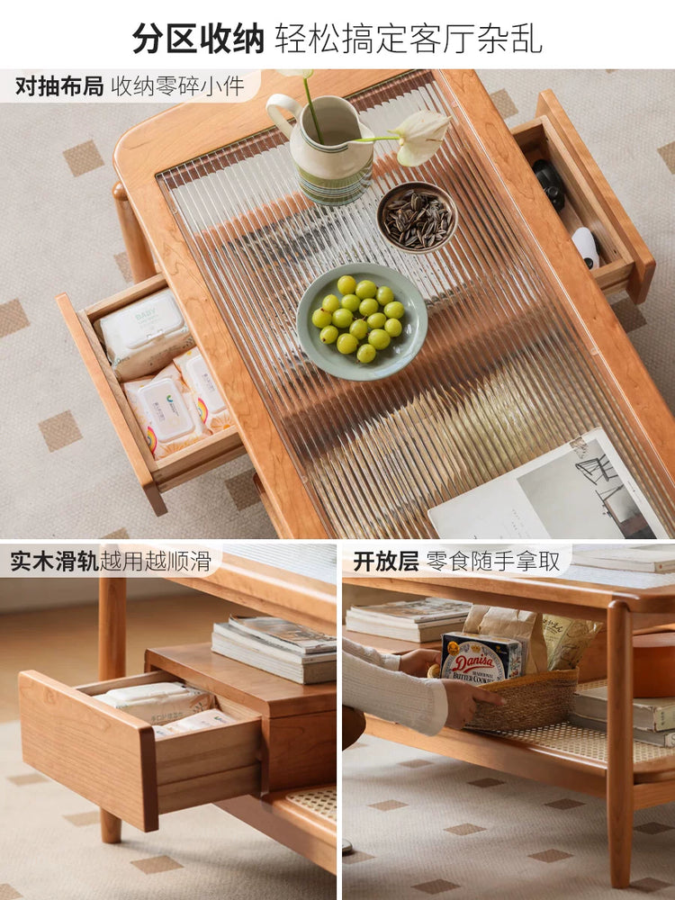 实木茶几复古樱桃木客厅玻璃茶台现代简约小户型原木茶桌