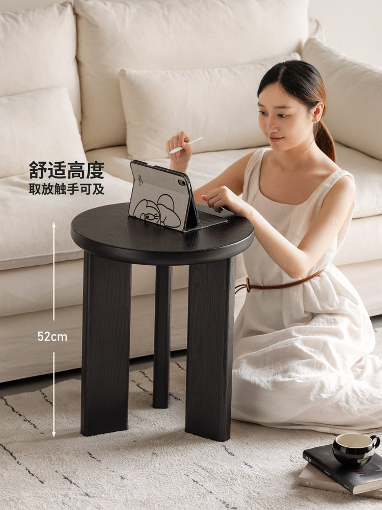 实木边几侘寂风圆几客厅白蜡木小茶几小户型黑色茶台