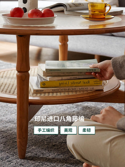 实木茶几小户型原木玻璃圆桌中古樱桃木藤编茶桌小茶台