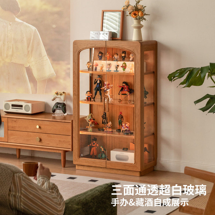 实木边柜客厅樱桃木落地柜复古靠墙置物柜带灯展示柜