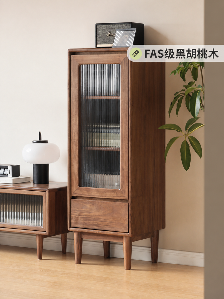 实木边柜窄柜客厅夹缝置物柜黑胡桃木沙发旁复古储物立柜