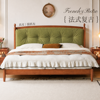 实木床法式复古软包床卧室大床中古真皮床冬夏两用双人床