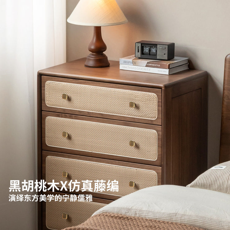 实木斗柜宋式美学黑胡桃木边柜卧室新中式藤编储物柜