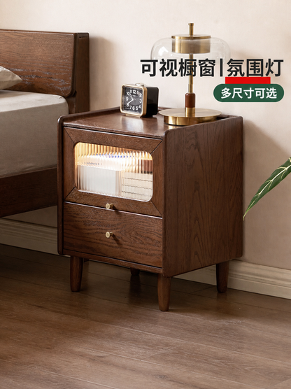实木床头柜现代简约橡木储物柜卧室床边柜带灯收纳柜