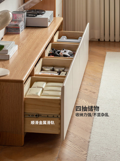 实木电视柜现代简约白色收纳储物柜一体原木落地电视机柜
