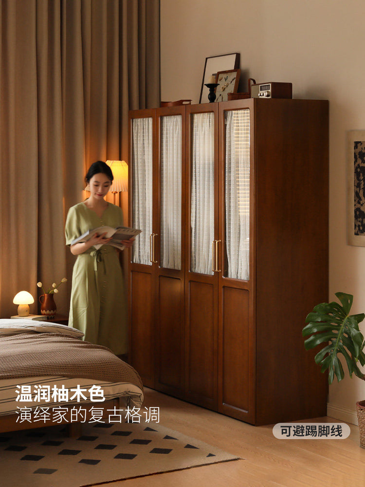 实木衣柜卧室复古衣橱对开门柜子中古风收纳储物柜