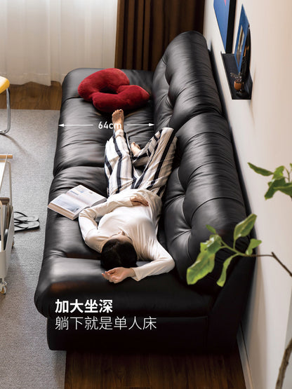 真皮沙发客厅法式落地云朵沙发复古黑色直排皮沙发