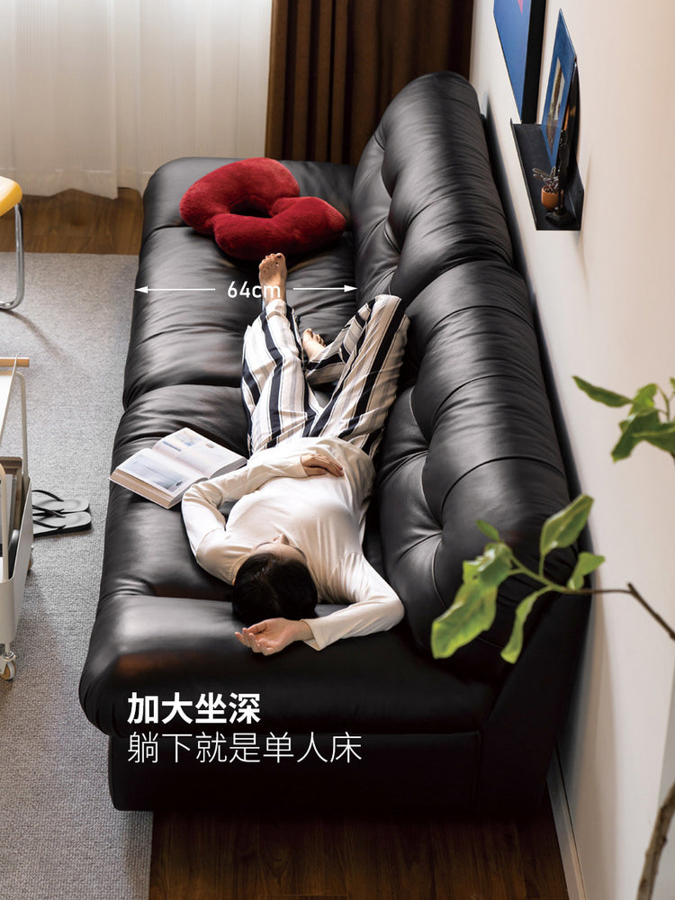 真皮沙发客厅法式落地云朵沙发复古黑色直排皮沙发