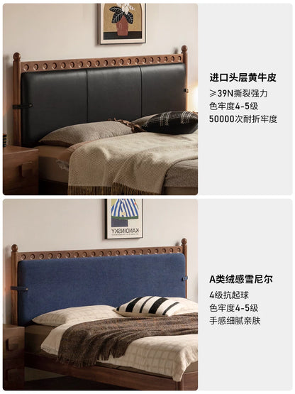 实木床法式复古软靠床卧室黑胡桃木双人床1米8真皮床