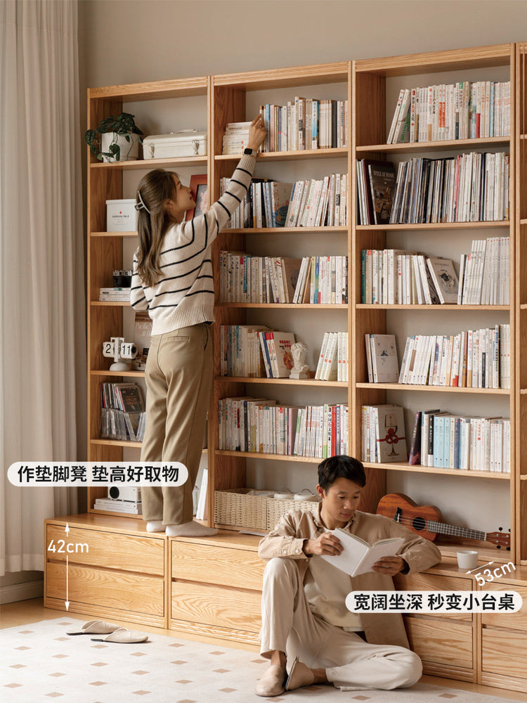 全实木满墙书柜带卡座落地组合书架一体整墙到顶展示柜