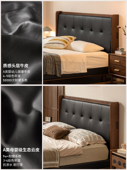 实木床现代简约胡桃色软靠床卧室多功能真皮双人床