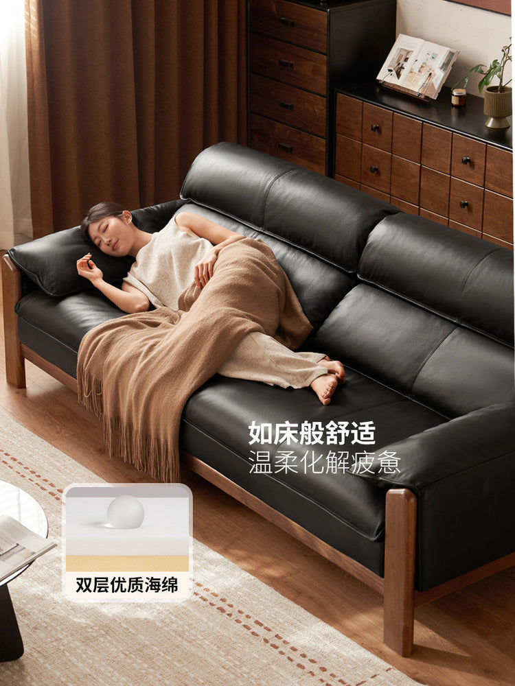 实木客厅意式轻奢真皮沙发黑胡桃木小户型直排沙发