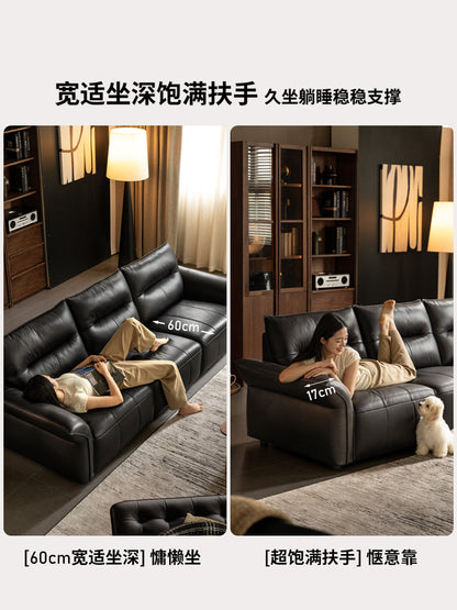 真皮沙发客厅意式轻奢三人位沙发小户型黑色皮沙发