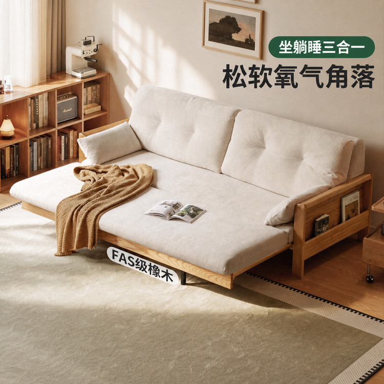 实木沙发床客厅坐卧两用沙发书房小户型橡木伸缩床