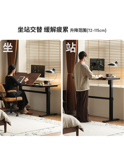 电动升降桌书房轻奢风黑胡桃木电脑桌多功能翻板书桌