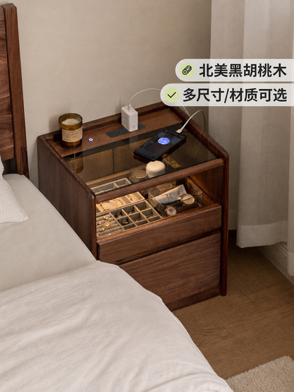 【预售20天】实木床头柜轻奢风带插座床边小柜子黑胡桃木抽屉柜