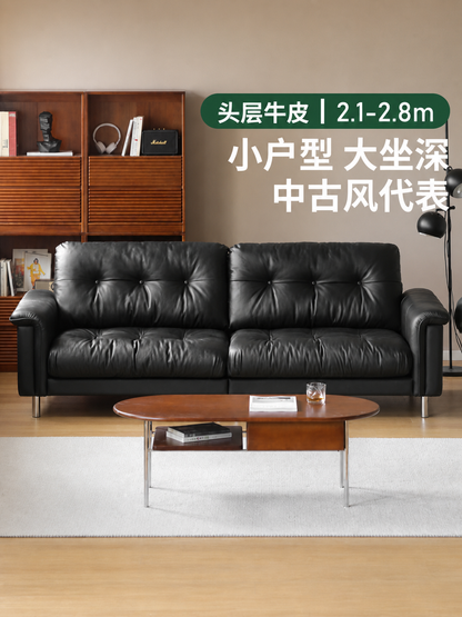 真皮沙发客厅轻奢黑色半青皮直排中古风沙发