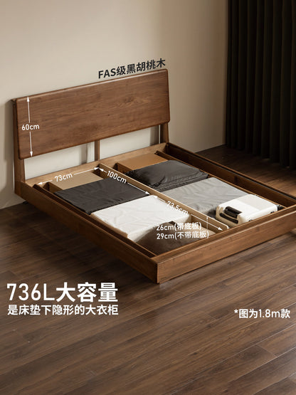 实木床意式轻奢悬浮床卧室黑胡桃木箱体床多功能储物床