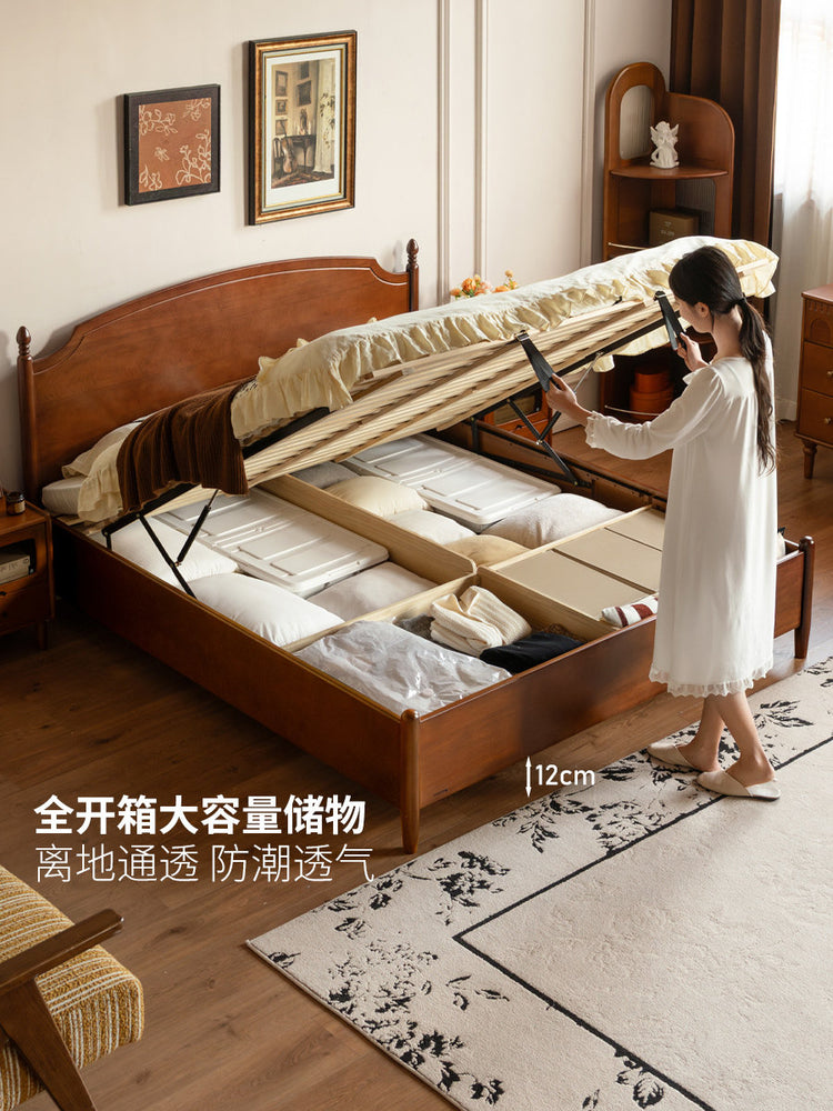 实木床法式复古大板床卧室收纳双人床全开透气箱体床