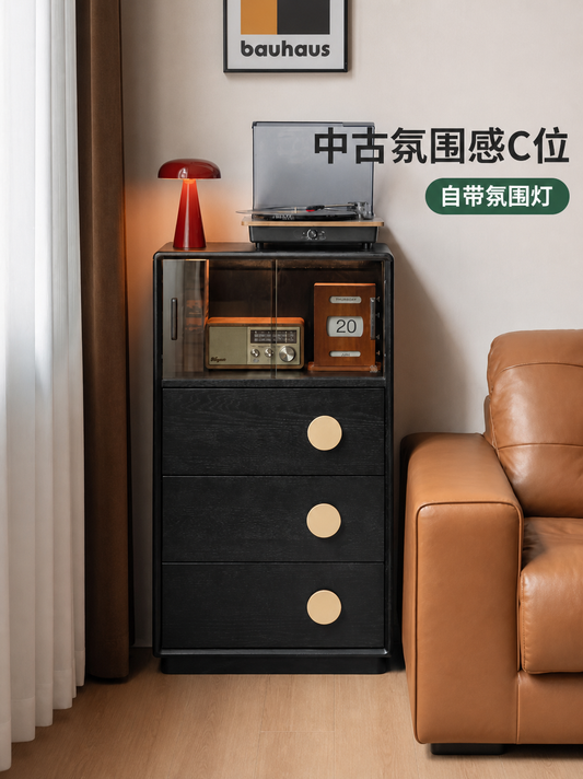 实木边柜客厅中古风储物柜黑色落地展示柜复古床头柜