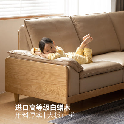 实木客厅现代简约真皮沙发白蜡木高靠背直排沙发