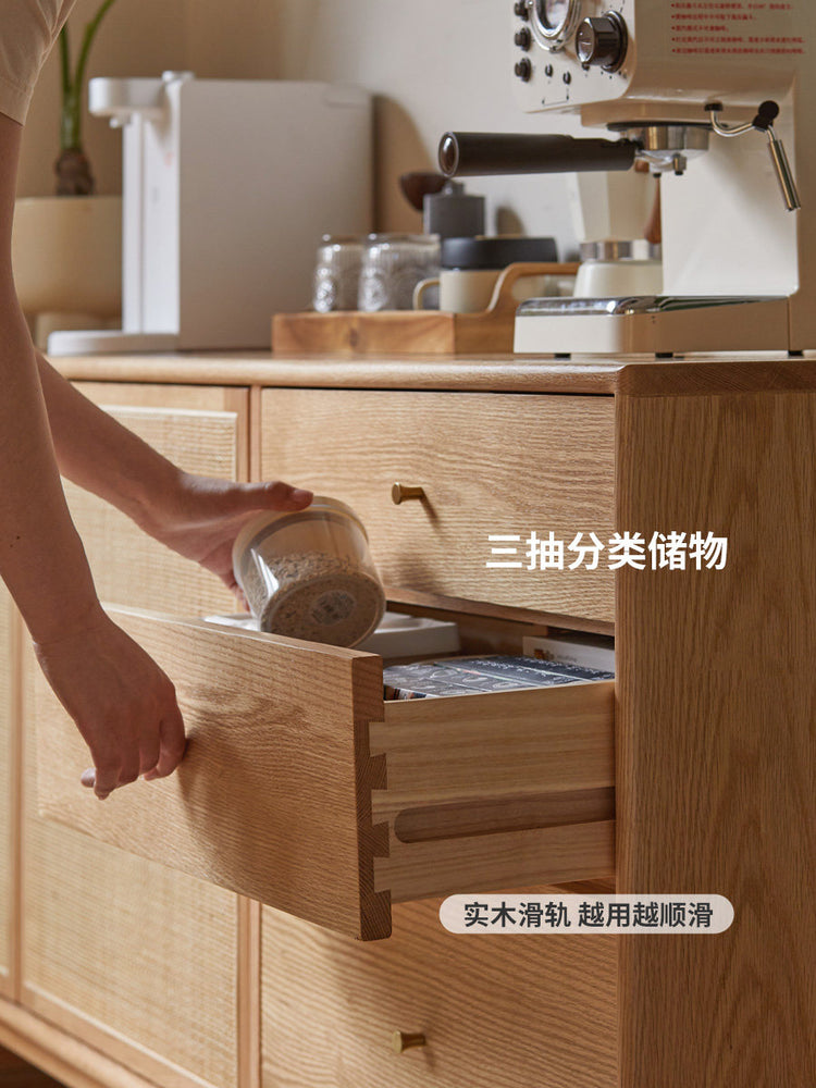 实木餐边柜藤编储物柜现代简约置物架靠墙茶水柜收纳柜
