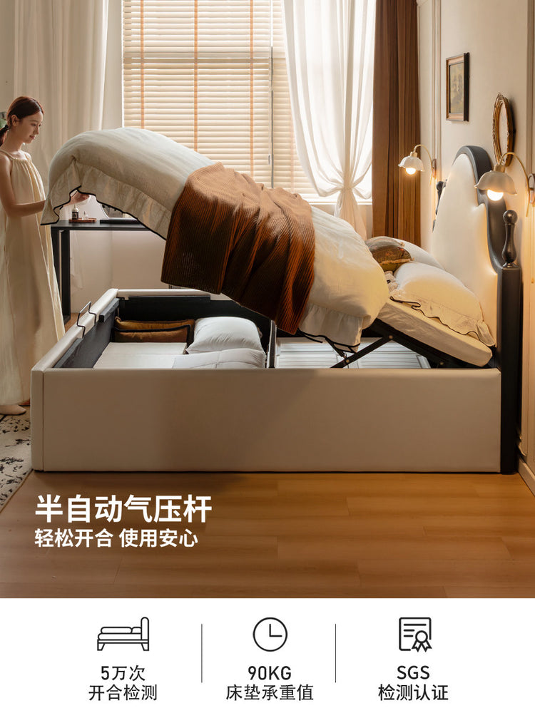 皮艺床法式复古齐边床生态云皮软靠床卧室白色箱体床