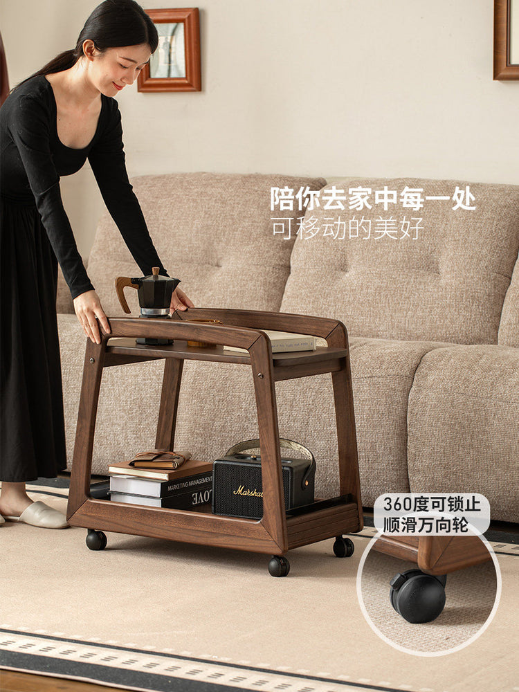 实木边几中古双层置物小茶几客厅角几黑胡桃木移动小推车