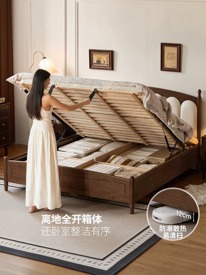 实木床法式复古真皮床卧室黑胡桃木琴键床离地箱体床