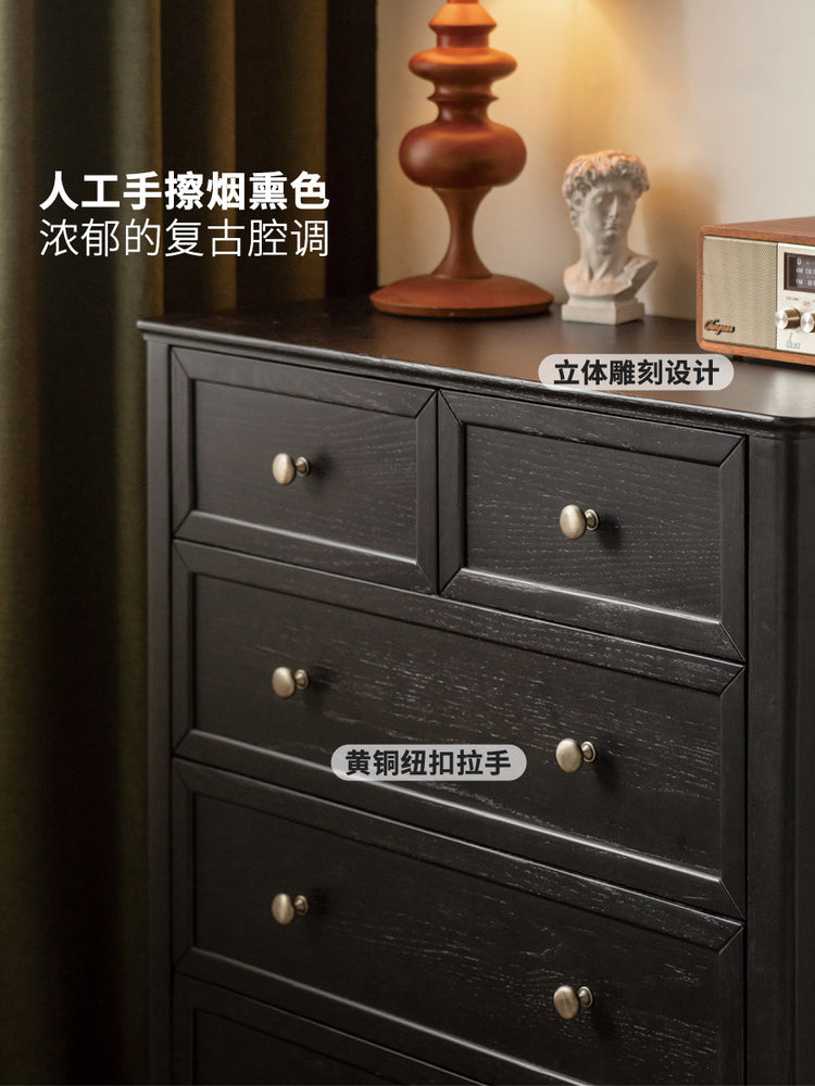 实木斗柜美式复古储物柜卧室黑色橡木边柜床尾抽屉柜