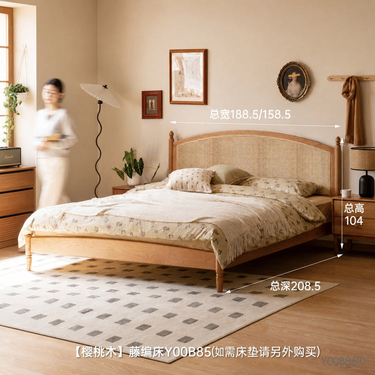实木床樱桃木复古藤编床简约双人床卧室藤艺家具大床