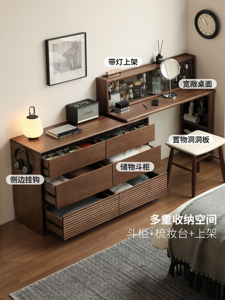 实木化妆桌轻奢黑胡桃木伸缩斗柜化妆台卧室转角梳妆台