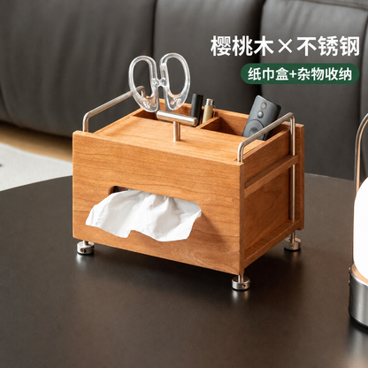 实木纸巾盒包豪斯不锈钢杂物收纳多功能樱桃木桌面储物盒