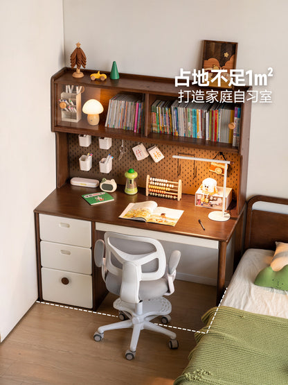 实木儿童学习桌复古风书桌书架一体桌子学生写字桌