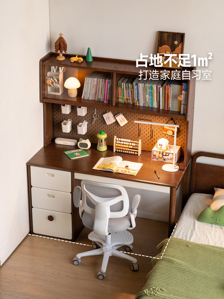 实木儿童学习桌复古风书桌书架一体桌子学生写字桌