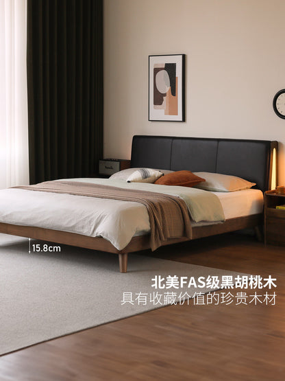 实木床现代简约黑胡桃真皮软包床卧室家具互不干扰双人床
