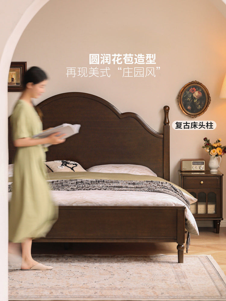 实木床简约中古大板床美式复古卧室深胡桃色双人床