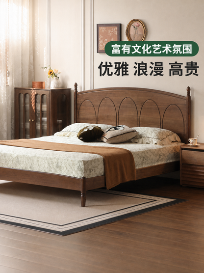 实木床法式双人床复古大床黑胡桃木大板床卧室家具