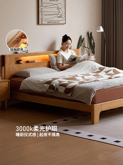 实木床现代简约大板床卧室可充电双人床多功能夜读床