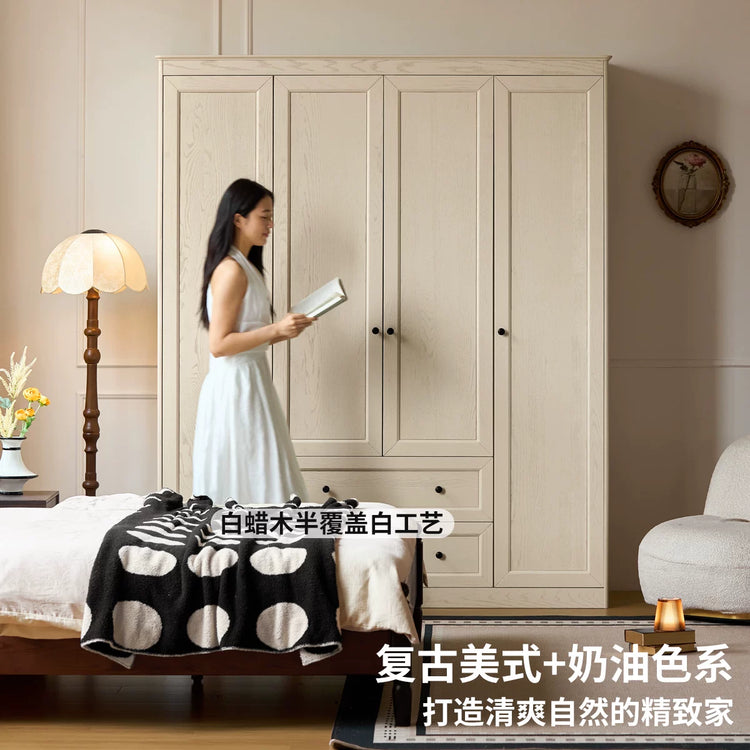 实木衣柜卧室白蜡木双开门大衣橱现代美式白色储物柜