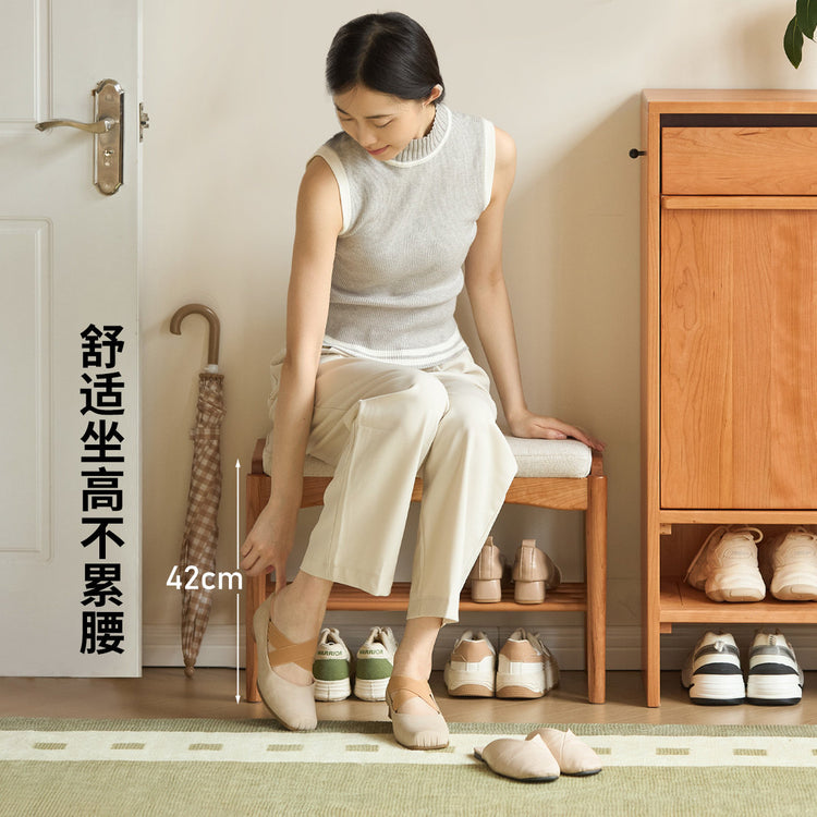 实木换鞋凳简约樱桃木小户型穿鞋凳北欧客厅软包坐垫凳子