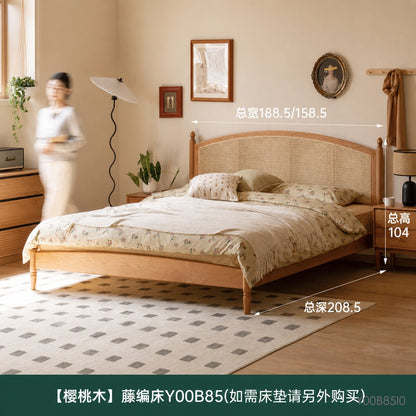 实木床樱桃木复古藤编床简约双人床卧室藤艺家具大床
