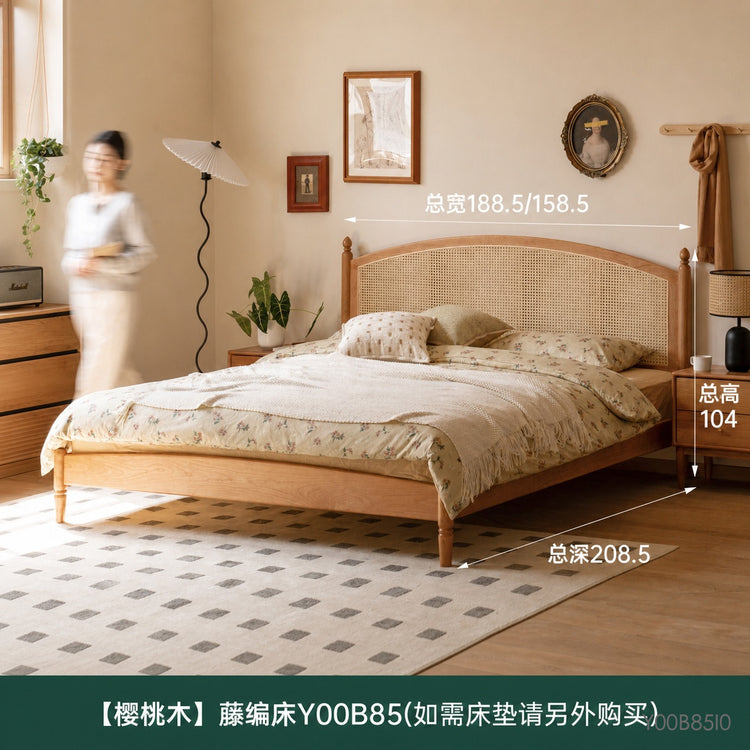 实木床樱桃木复古藤编床简约双人床卧室藤艺家具大床