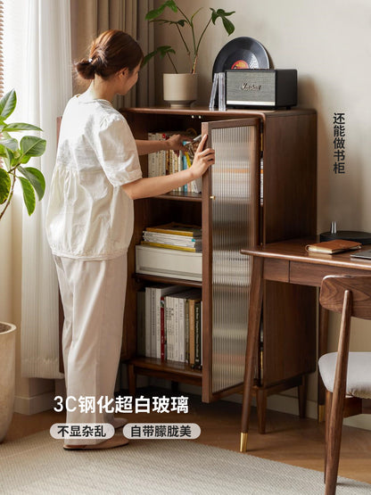 实木窄边柜现代简约黑胡桃木书柜小户型客厅高储物柜